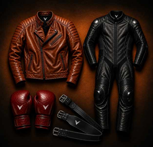 Display of leather jackets, protective motorbike suits, and sports gear